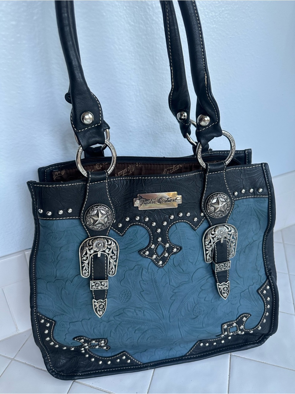 Western-Style Blue Tooled Shoulder Bag with Silver Accents